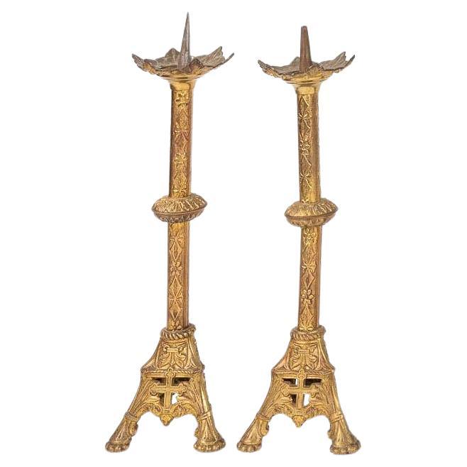 Pair of finely engraved gilt brass European Gothic Revival pricket candlesticks  For Sale