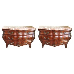 Pair of Finely Finished Louis XV Style Marble-Top Bombe Parquetry Commodes