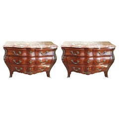 Pair of Finely Finished Louis XV Style Marble-Top Bombe Parquetry Commodes