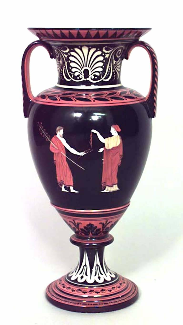 19th Century Pair of Grecian Style Black and Orange Porcelain Vases For Sale