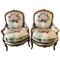 Pair of Finely Upholstered Louis XV Style Gilt Bergere or Arm Chairs