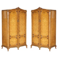 Pair of Finest Quality Large Burr Walnut Satinwood Lined Hand Carved Wardrobes