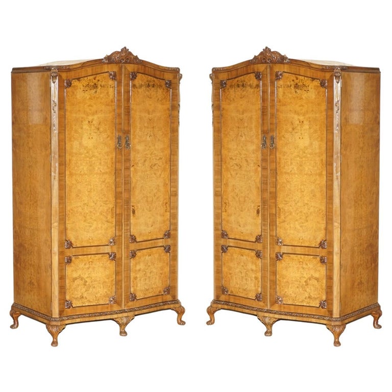 Pair of Finest Quality Large Burr Walnut Satinwood Lined Hand Carved
