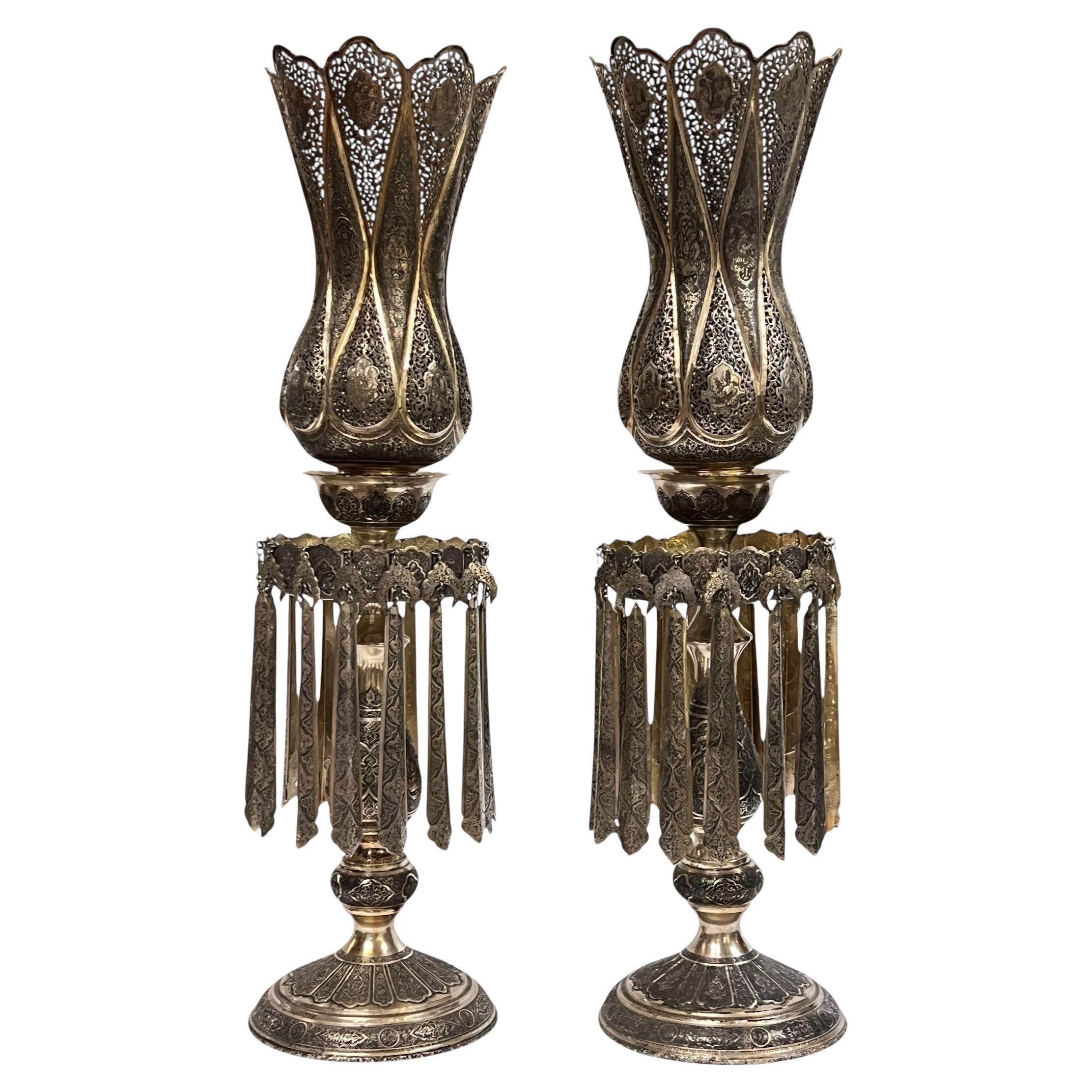 Pair of finest quality  Monumental Persian Silver Candle Holders / lusters