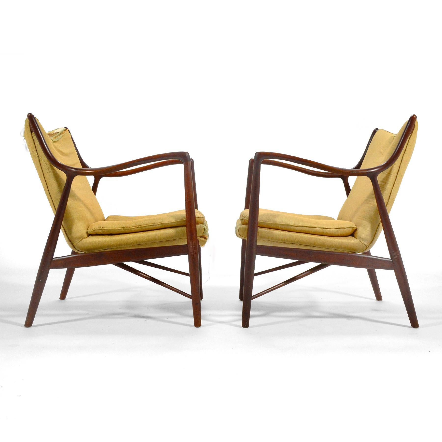 Scandinavian Modern Pair of Finn Juhl #45 Chairs by Baker For Sale