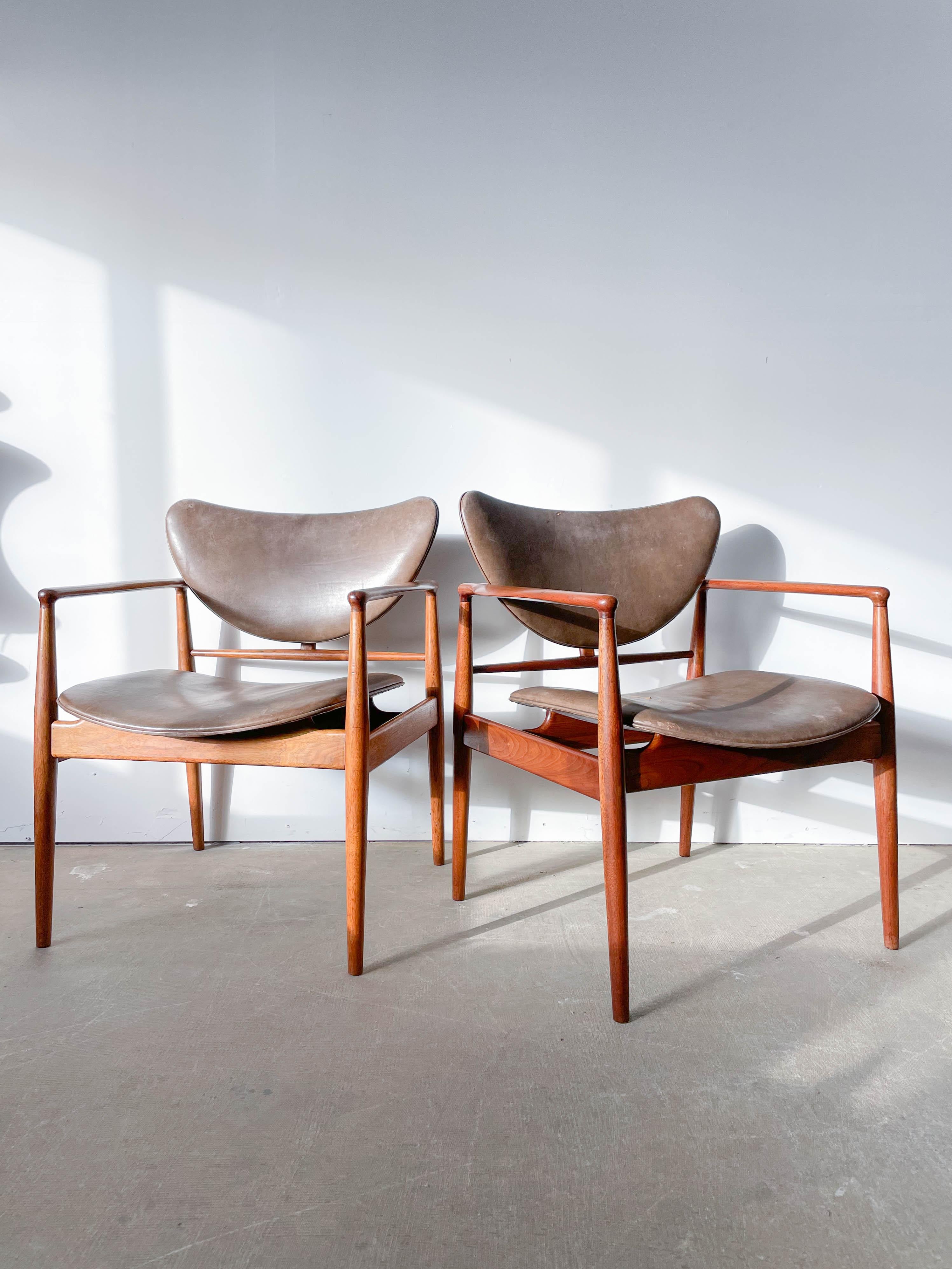 Mid-Century Modern Pair of Finn Juhl 48 Chairs by Baker in Walnut