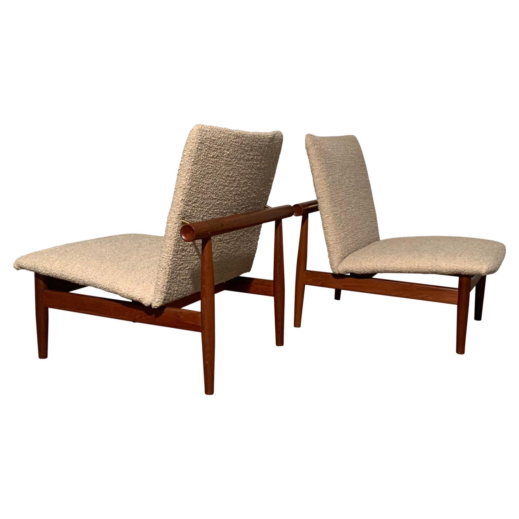 Pair of Finn Juhl Japan Lounge Chairs in Teak and Bouclé Fabric for France & Son