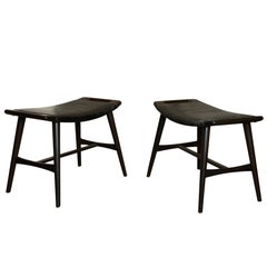 Pair of Finn Juhl Style Modern Leather and Wood Stools