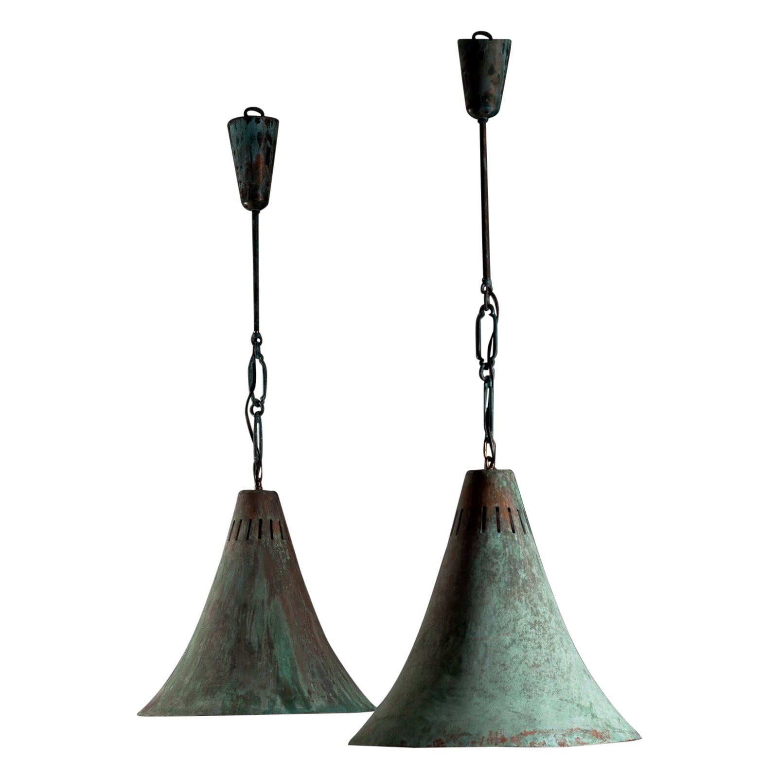 Pair of Finnish big size 1930/40's industrial copper pendants