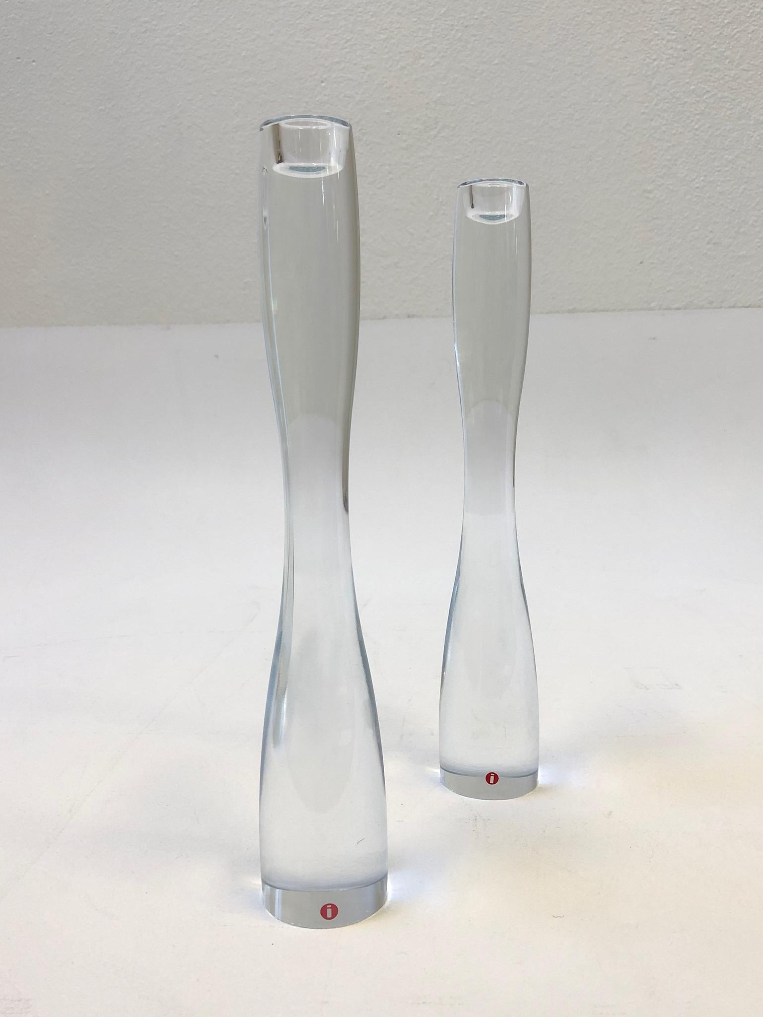 A beautiful pair of Finnish crystal candleholders design by Timo Sarpaneva for Iittala in 1994. Both candleholders are signed, dated and retain the Iittala label (see detail photos).

Dimension: 12” high, 2” diameter.