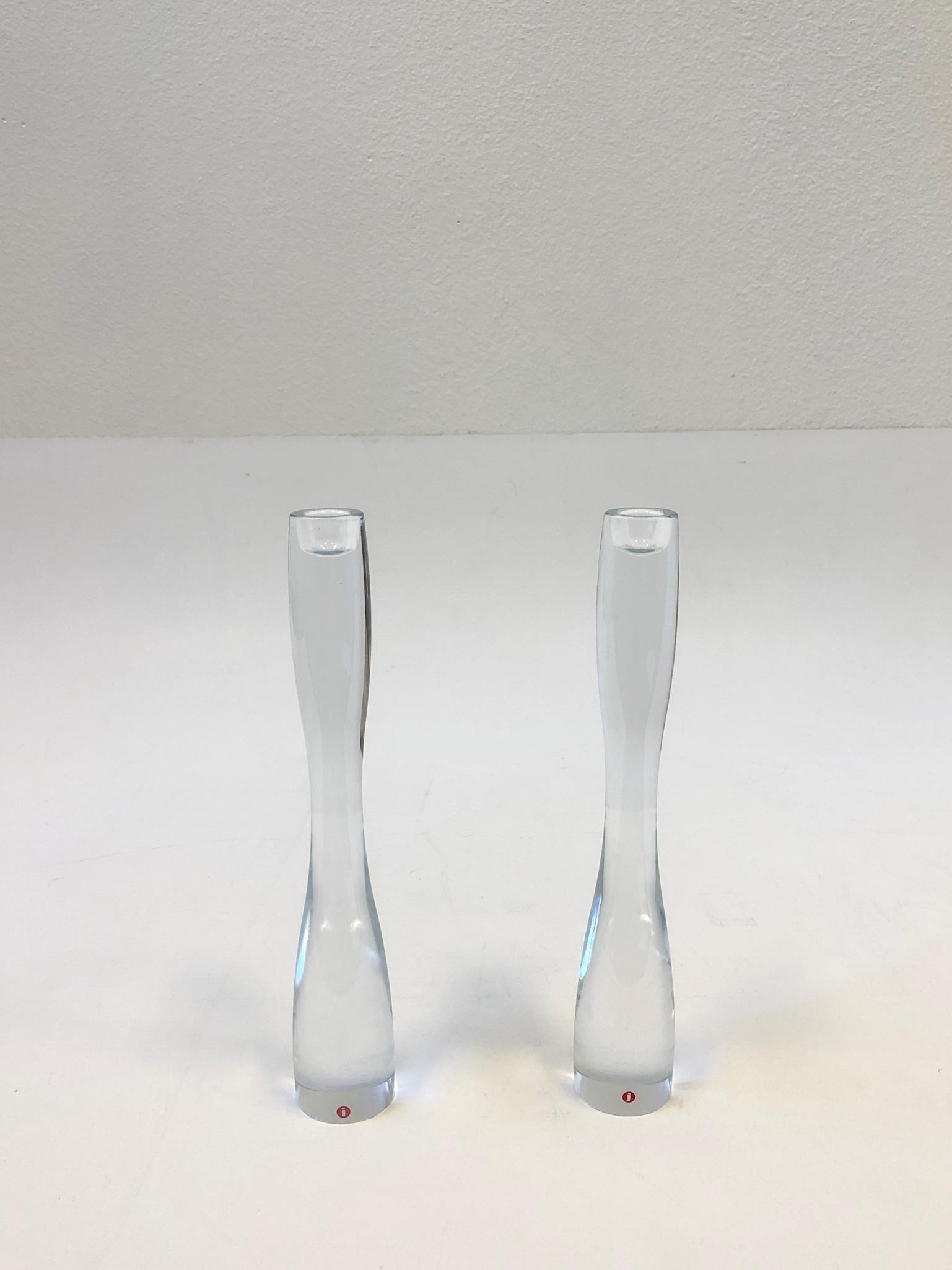 Late 20th Century Pair of Finnish Crystal Candleholders by Timo Sarpaneva for Iittala For Sale