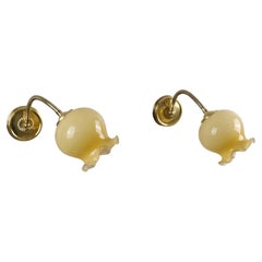Pair of Finnish Design Wall Lamps, Brass and Adjustable Glass Flower Bud Shades