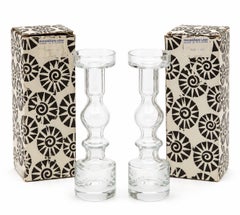 Paire de chandeliers modernes finlandais en verre transparent par Riihimäen Lasi avec boîtes