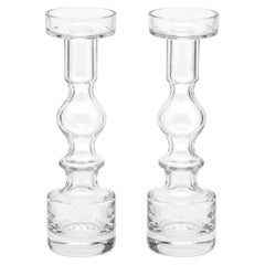 Paire de chandeliers modernes finlandais en verre transparent par Riihimäen Lasi avec boîtes