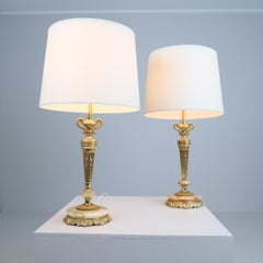 Pair of Finnish Neoclassical Table Lamps, Cast Brass & Green Onyx, Valinte 1970s