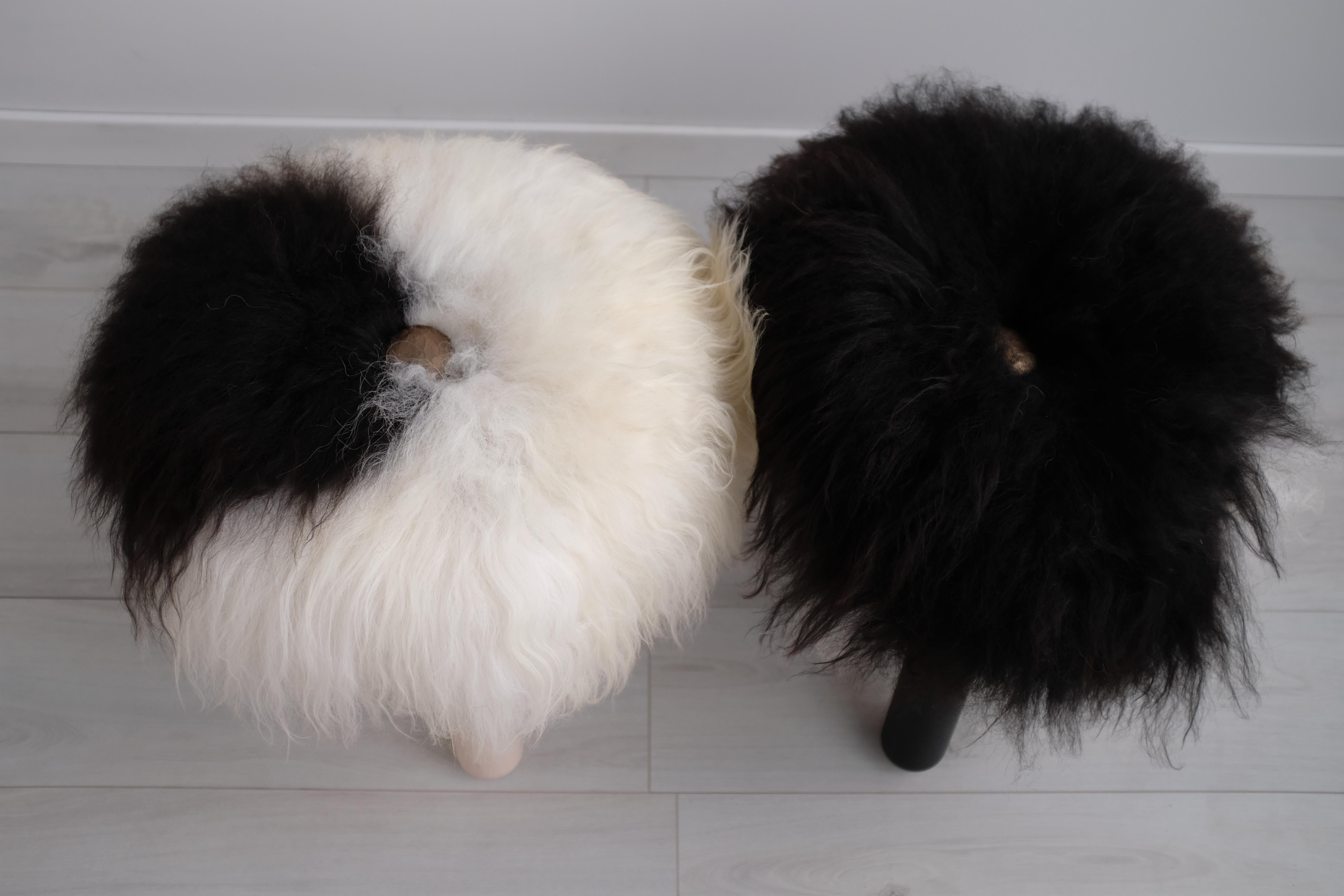 Modern Pair of Finny Stools of American Hardwood, Icelandic Lamb Pelt, Bronze Button For Sale