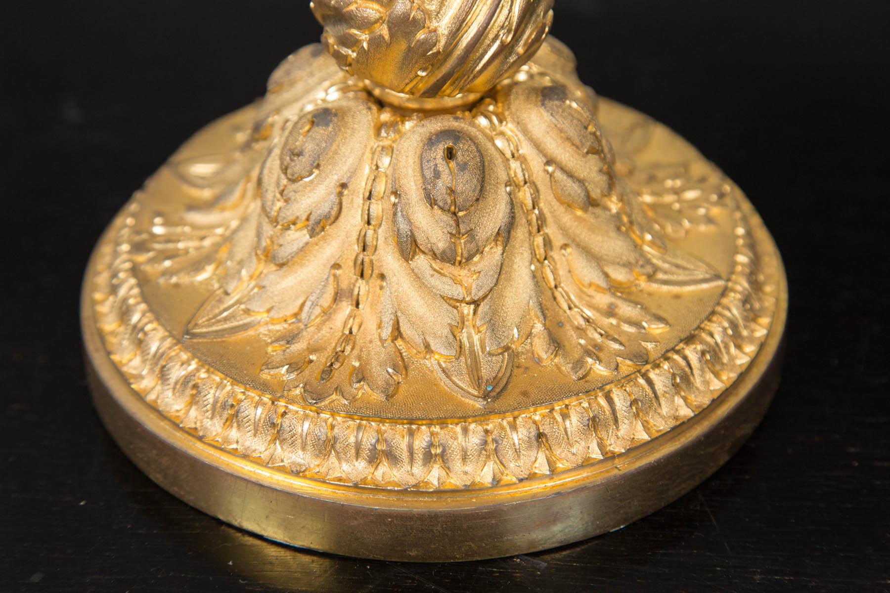 Louis XVI Pair of Fire Gilt Bronze Three-Arm Candelabra