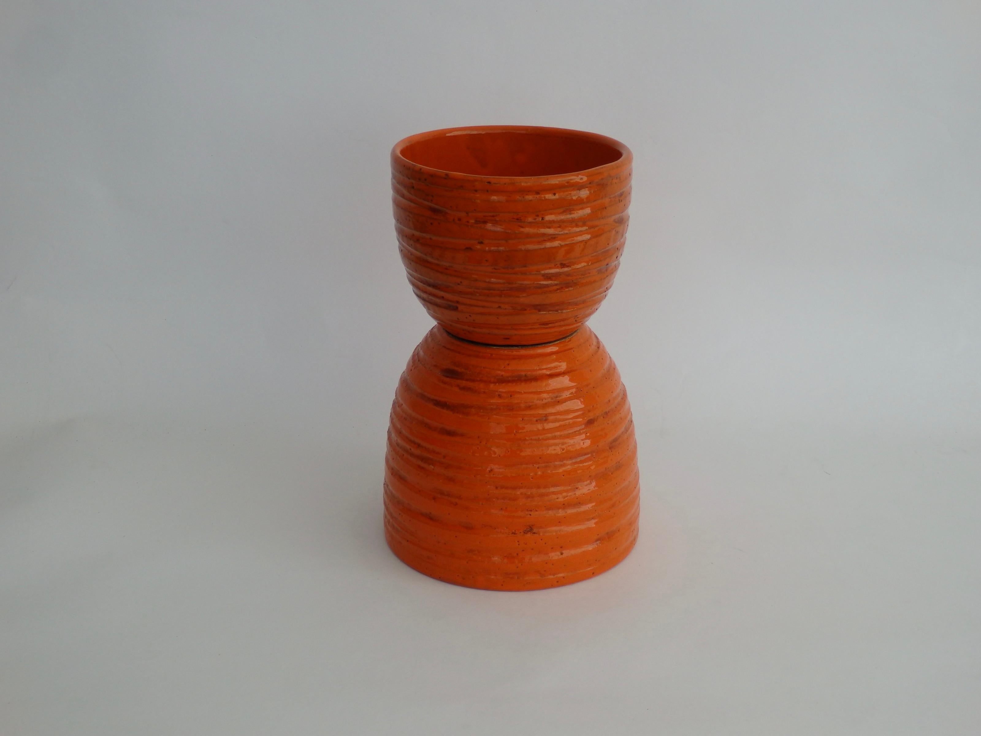 Glazed Fire Orange Bitossi Planter Pots Pair, Attributed to Aldo Londi