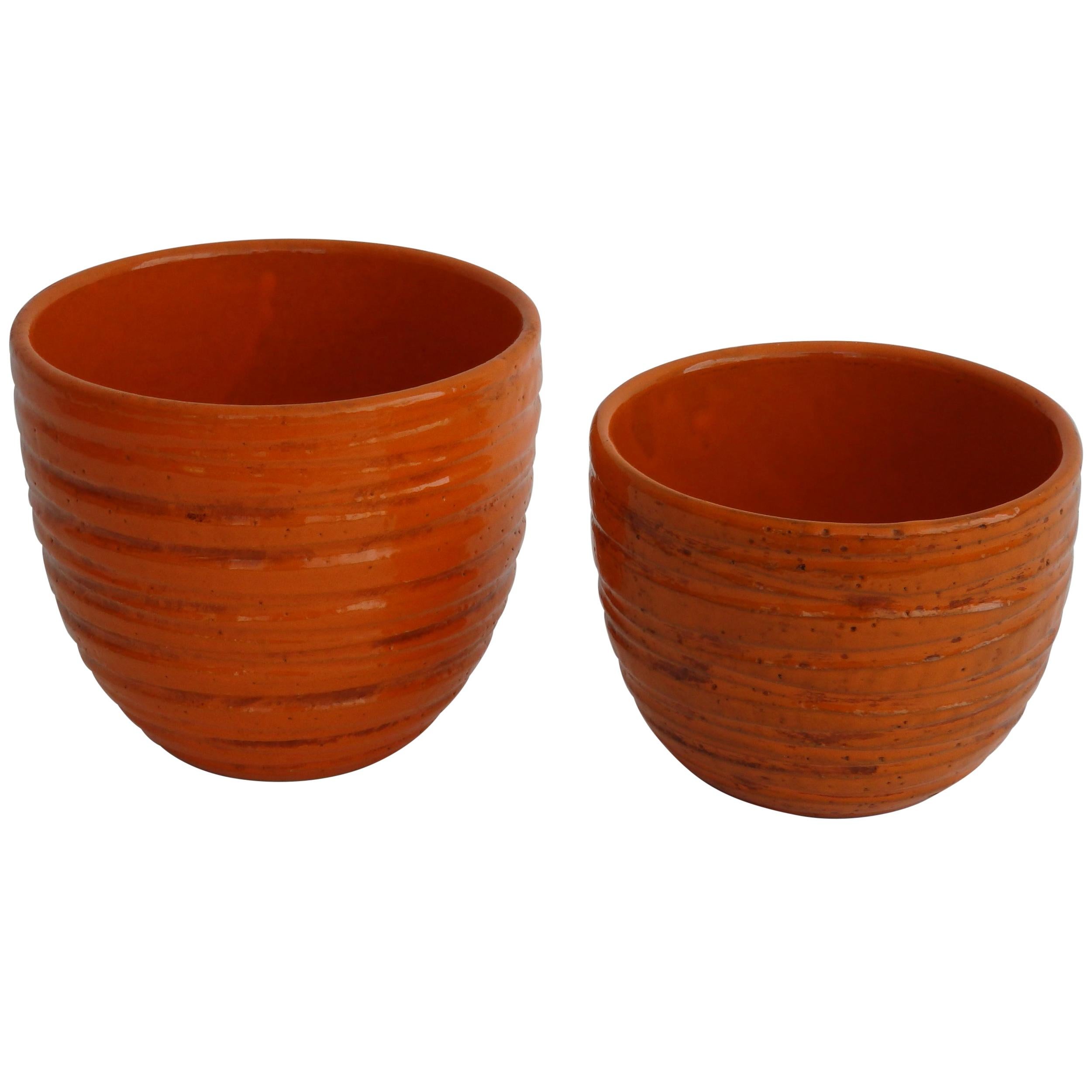 Fire Orange Bitossi Planter Pots Pair, Attributed to Aldo Londi