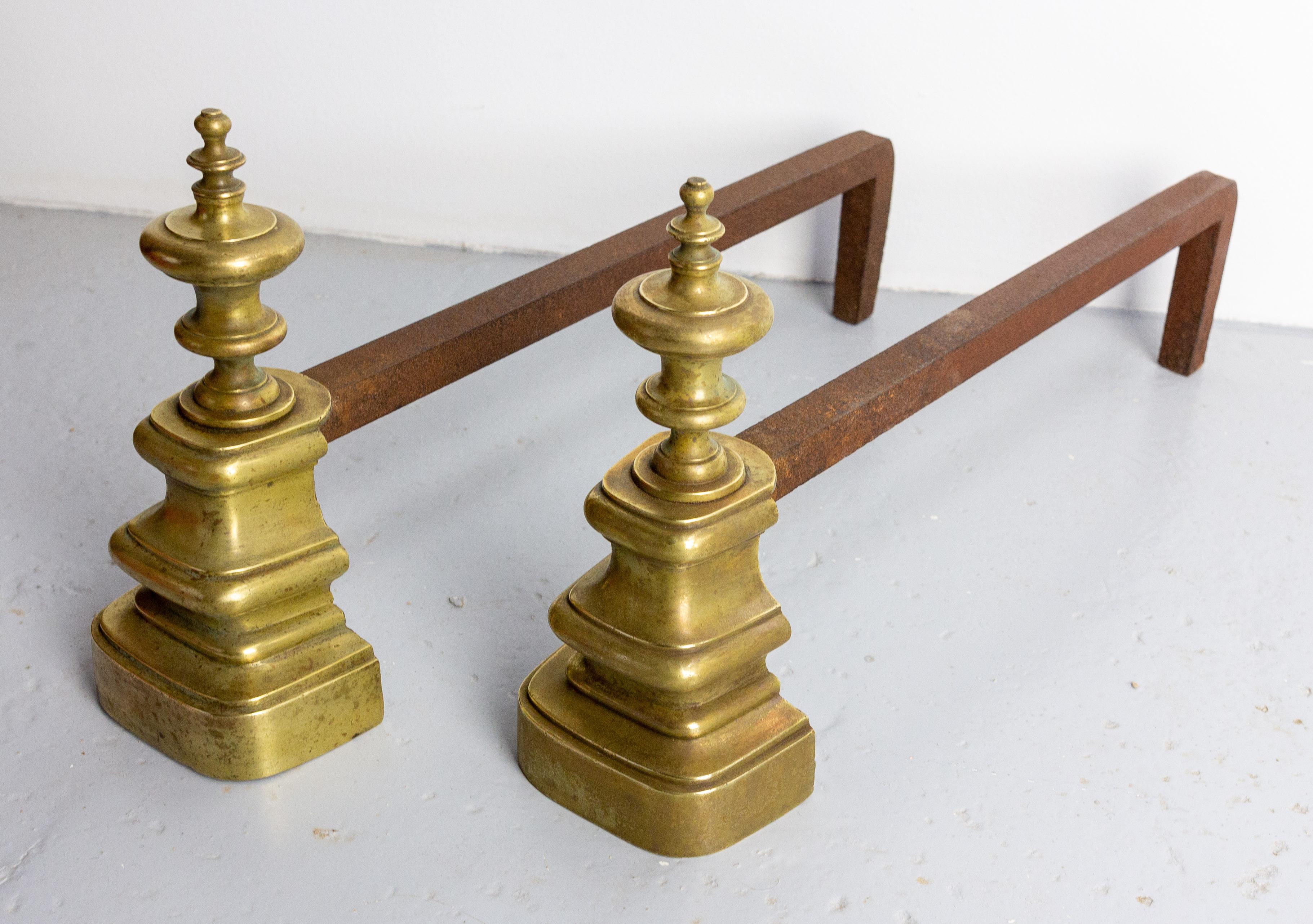 Napoleon III Pair of Fireplace Andirons Brass & Wrought Iron Firedogs, France, circa 1900 For Sale