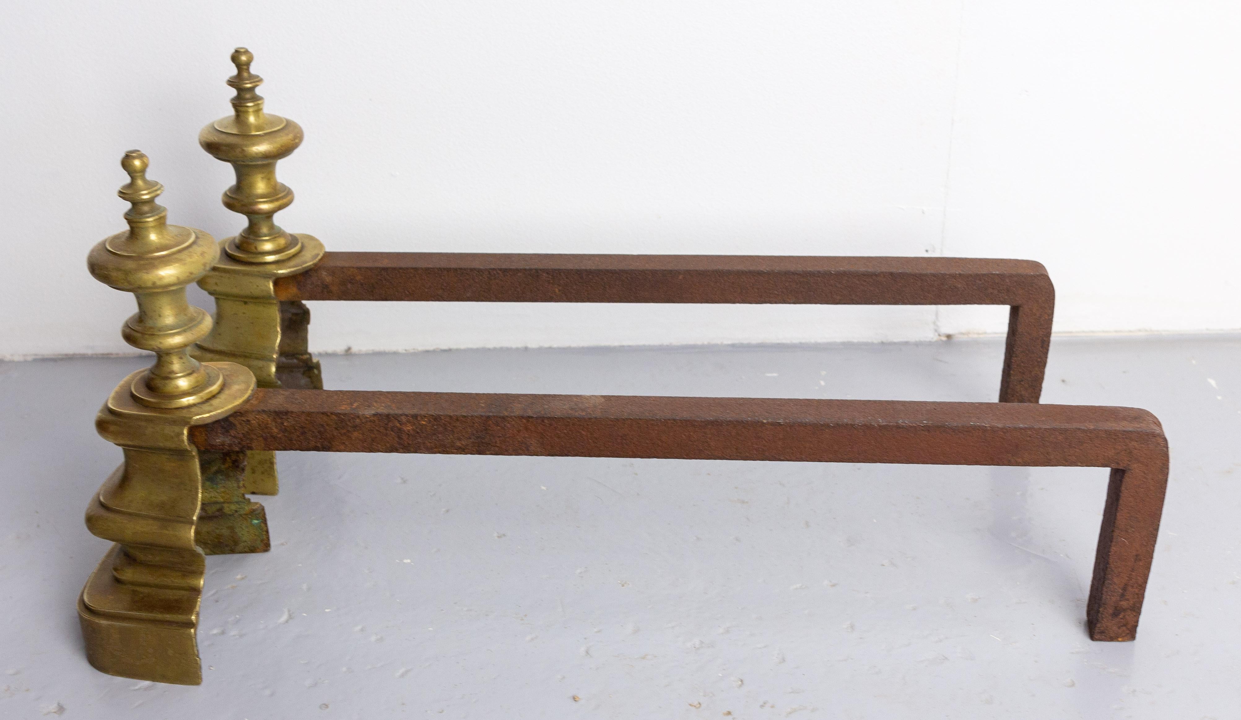 French Pair of Fireplace Andirons Brass & Wrought Iron Firedogs, France, circa 1900 For Sale