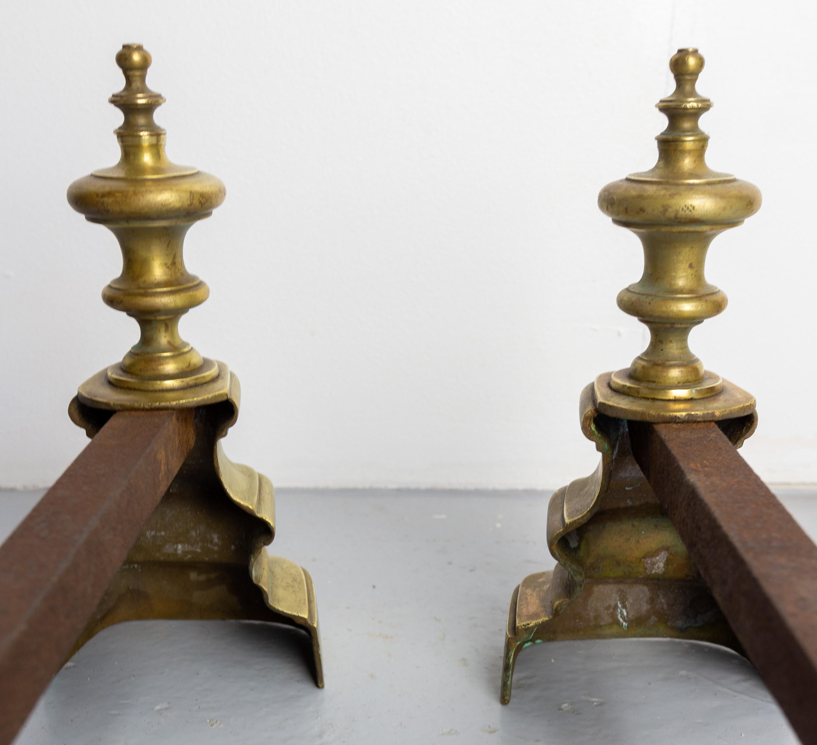 20th Century Pair of Fireplace Andirons Brass & Wrought Iron Firedogs, France, circa 1900 For Sale