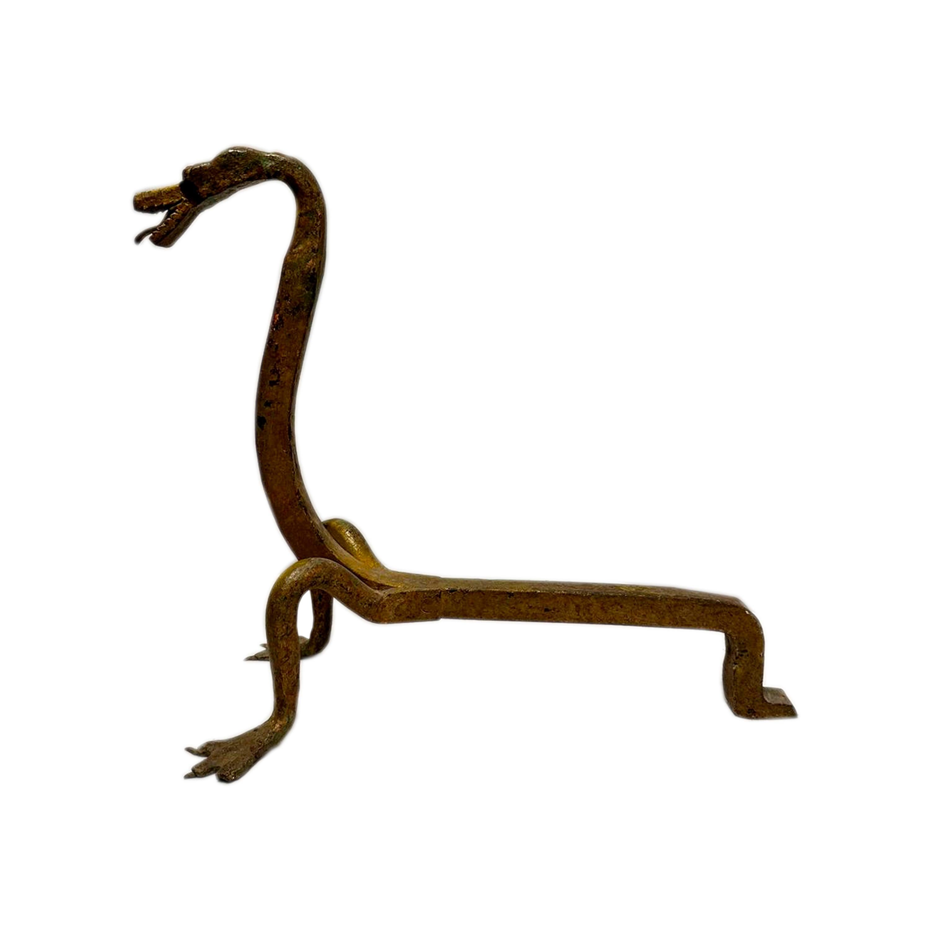 Pair of dragon-shaped fireplace andirons, made of hand-forged iron and finished with a golden patina. Germany, 17th century.