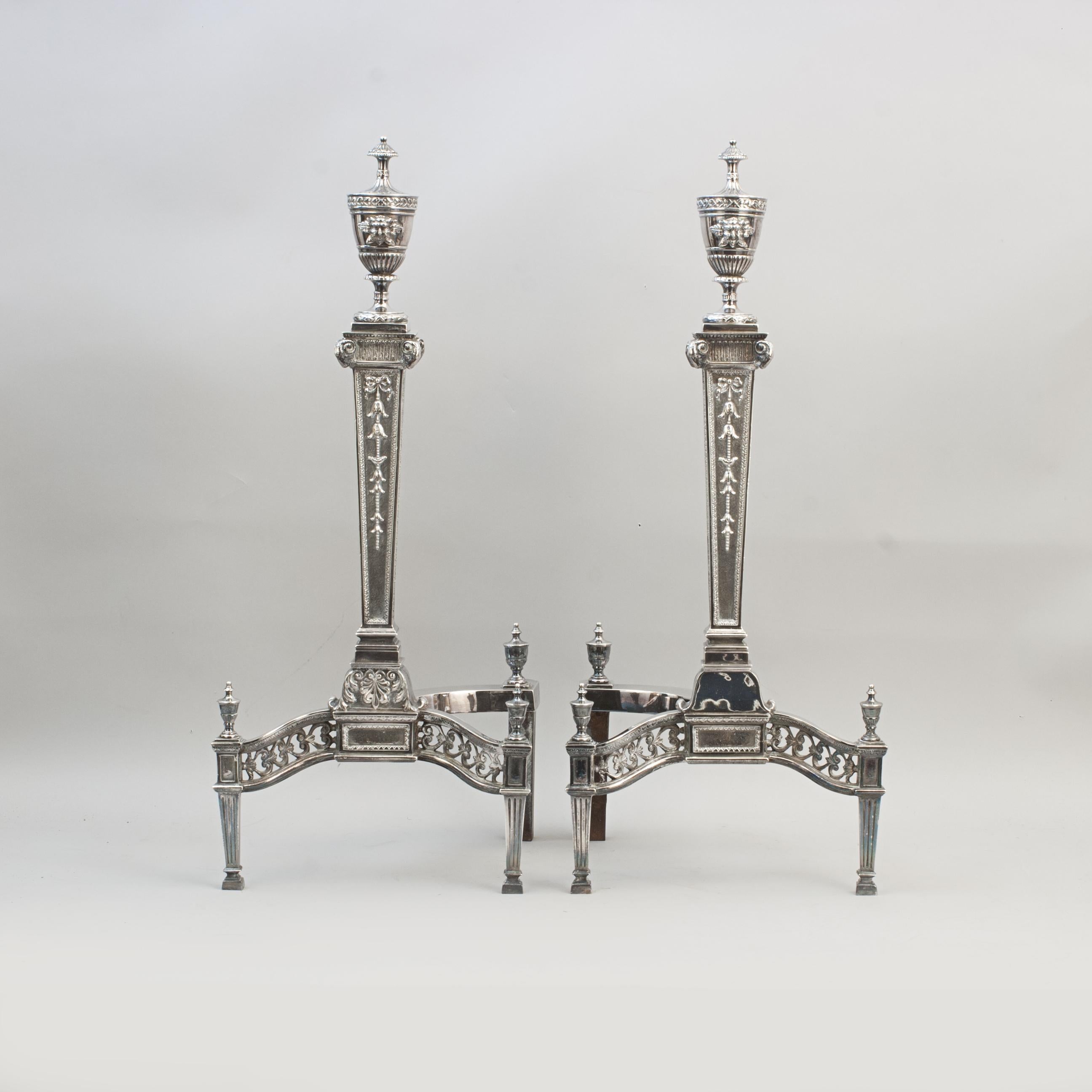 Pair Of Fireplace Andirons In Silver Plate For Sale 4