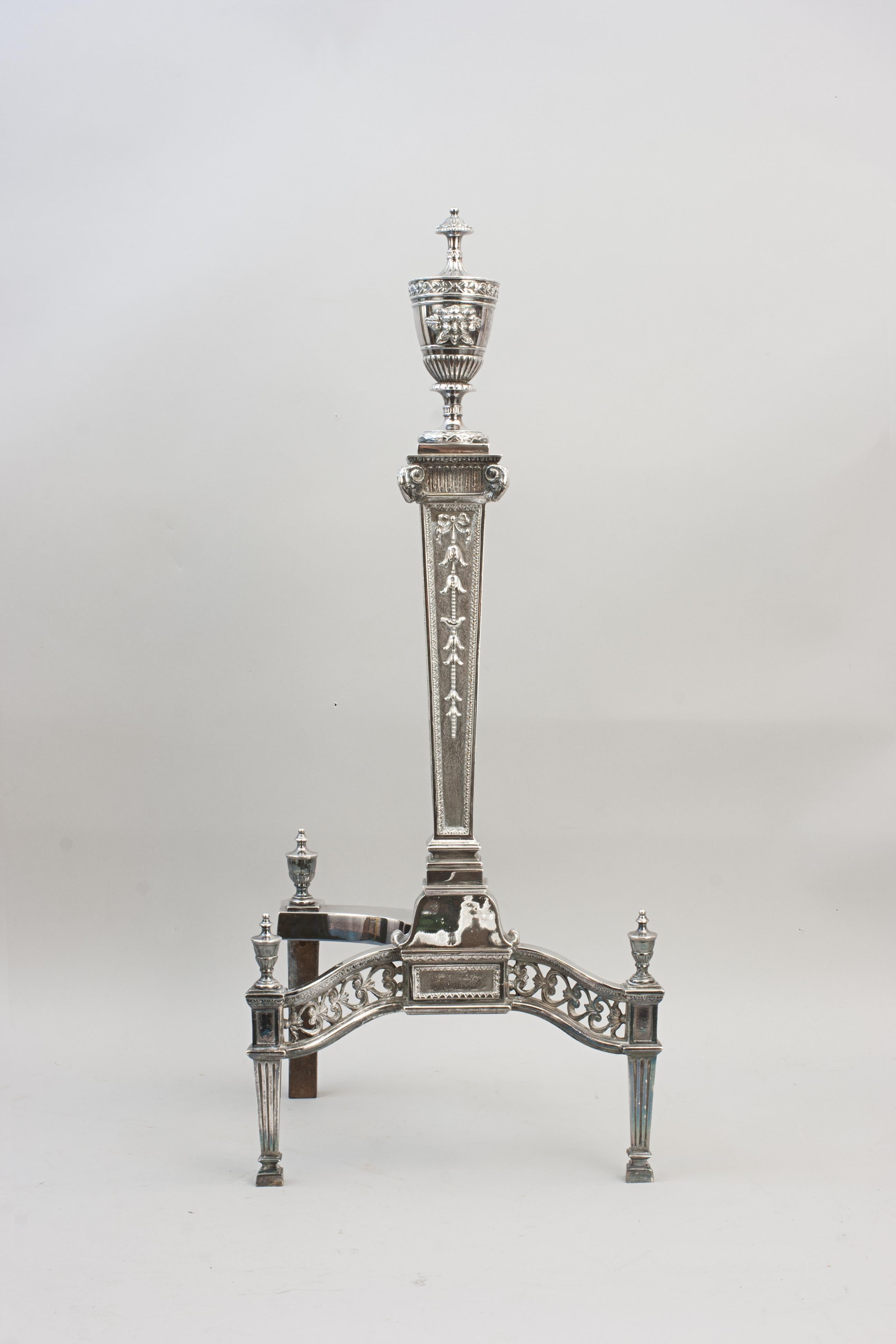 British Pair Of Fireplace Andirons In Silver Plate For Sale