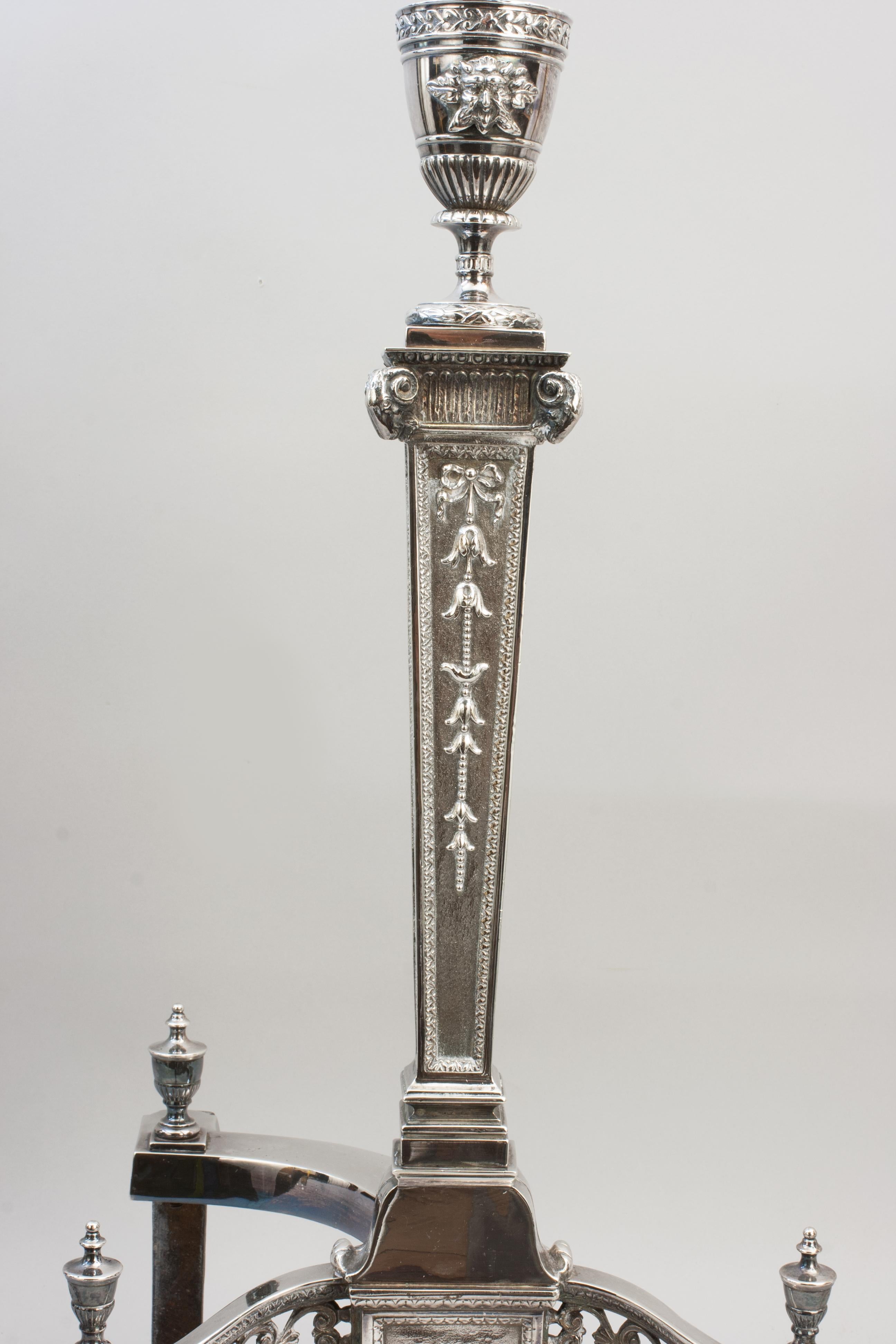 Pair Of Fireplace Andirons In Silver Plate In Excellent Condition For Sale In Oxfordshire, GB