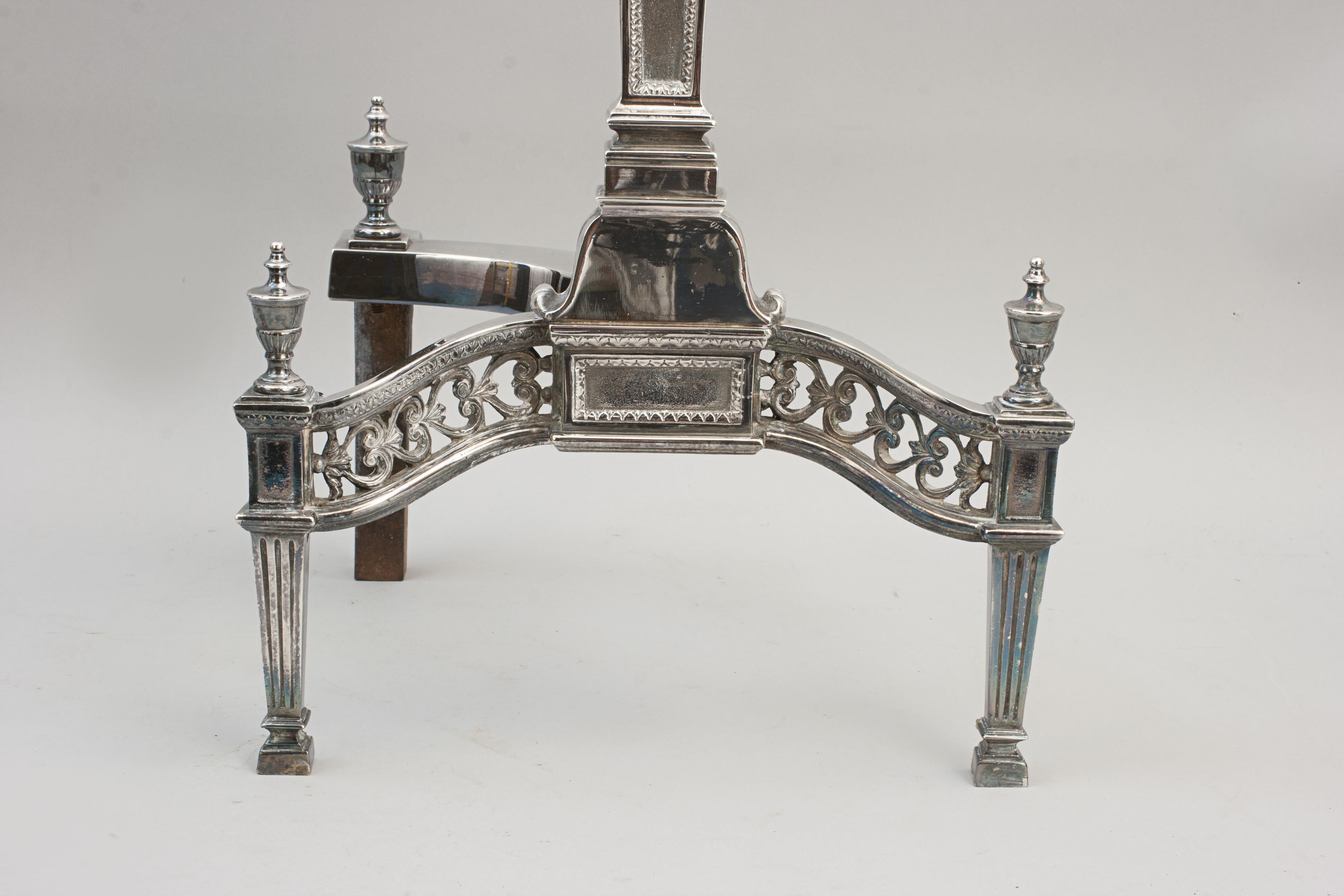 Early 19th Century Pair Of Fireplace Andirons In Silver Plate For Sale