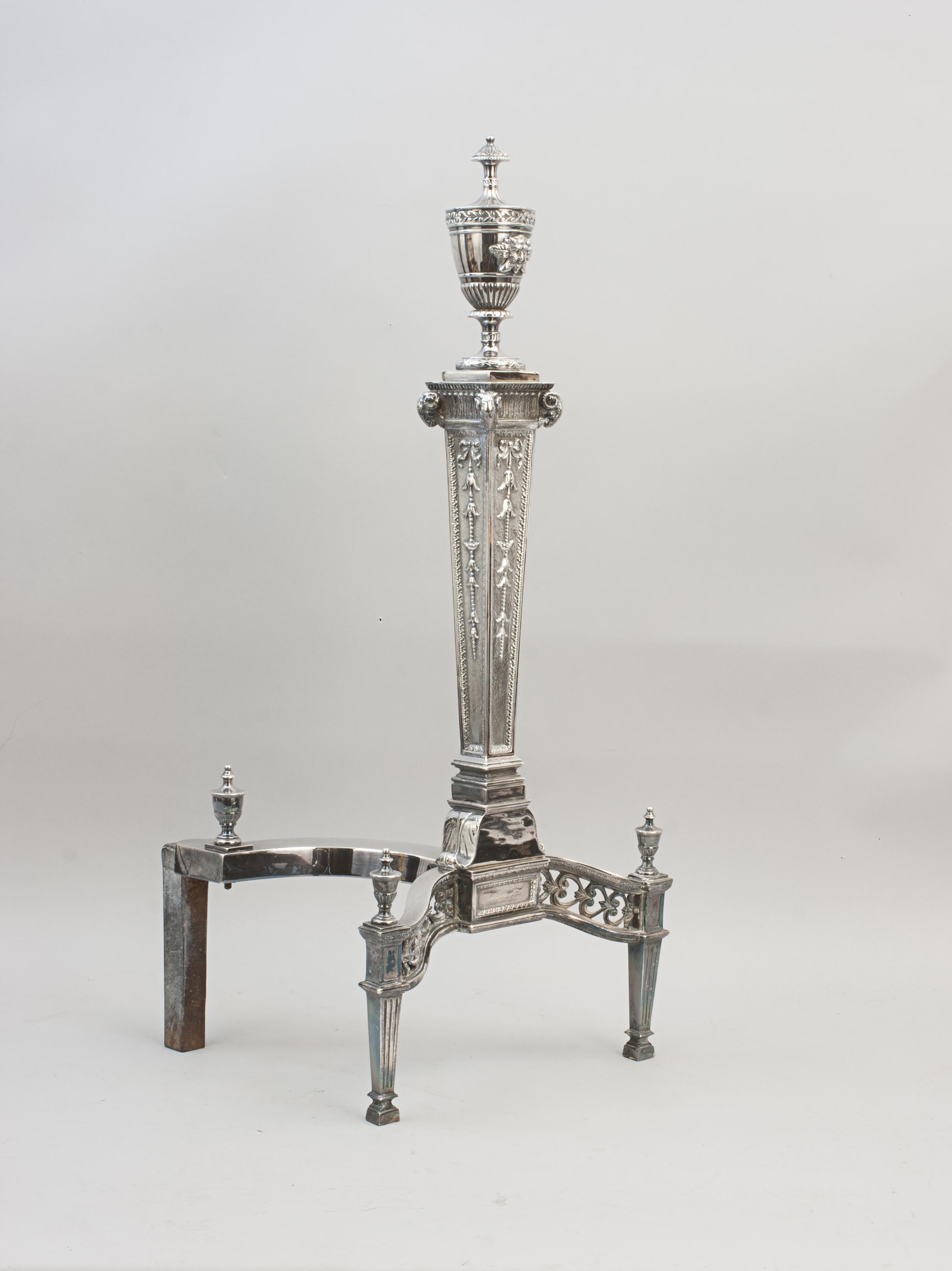 Steel Pair Of Fireplace Andirons In Silver Plate For Sale