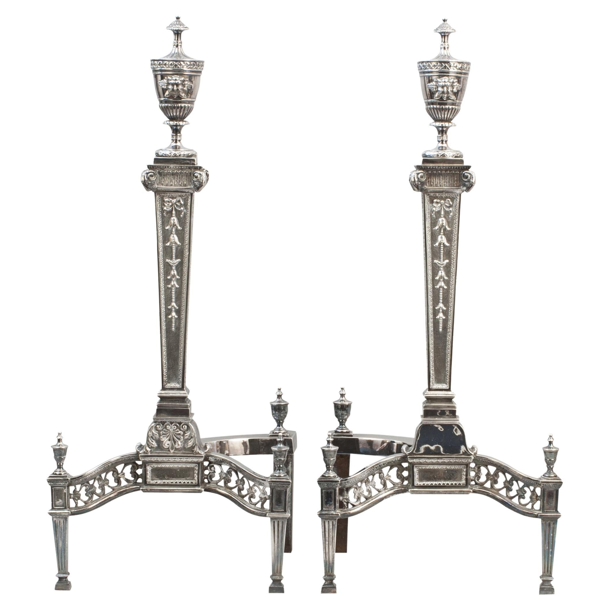 Pair Of Fireplace Andirons In Silver Plate For Sale