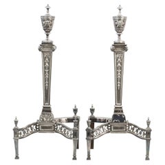 Used Pair Of Fireplace Andirons In Silver Plate