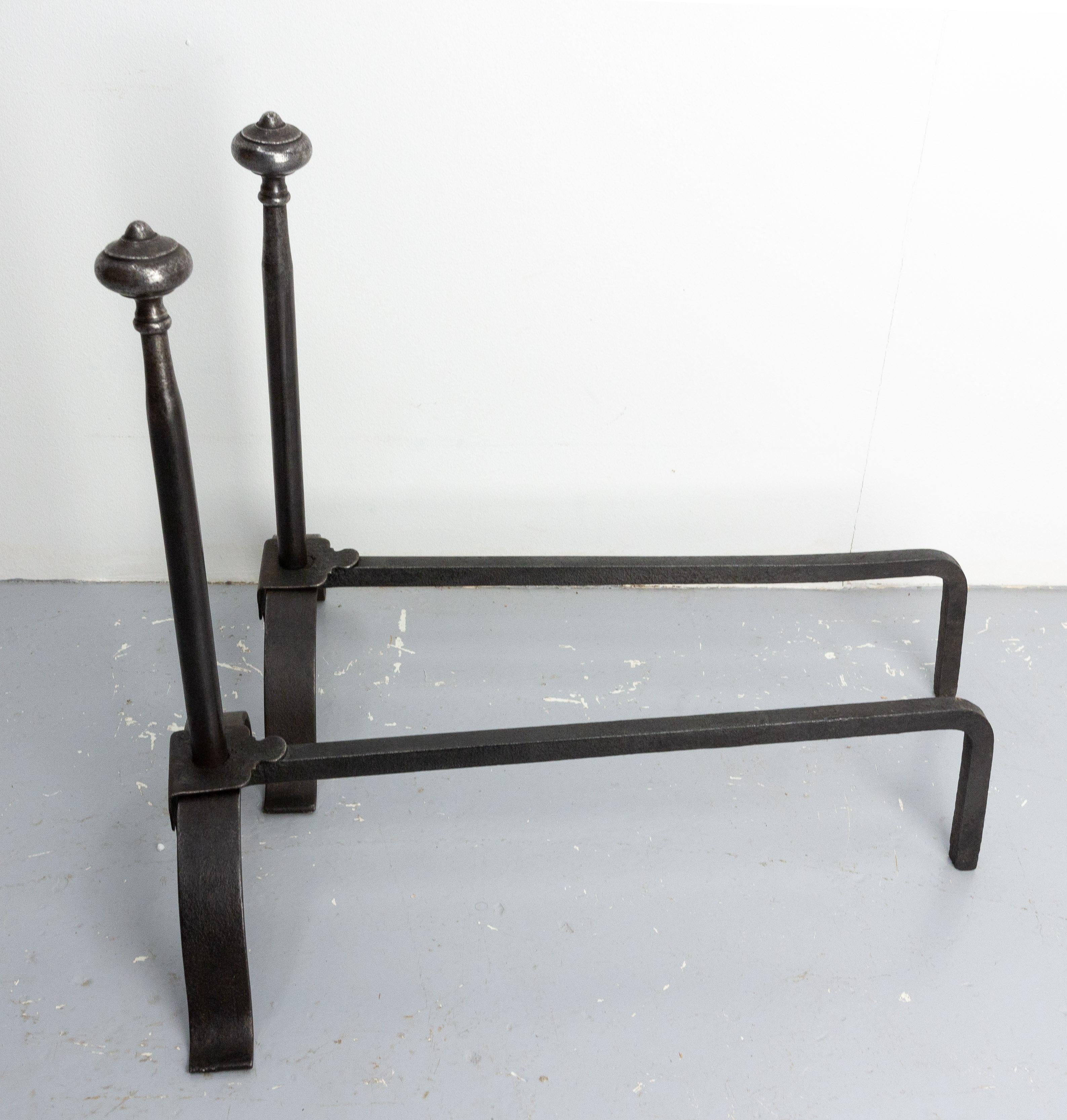 Mid-Century Modern Pair of Fireplace Andirons Wrought Iron Firedogs, France, circa 1960