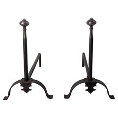 Pair of Fireplace Andirons Wrought Iron Firedogs, France, circa 1960