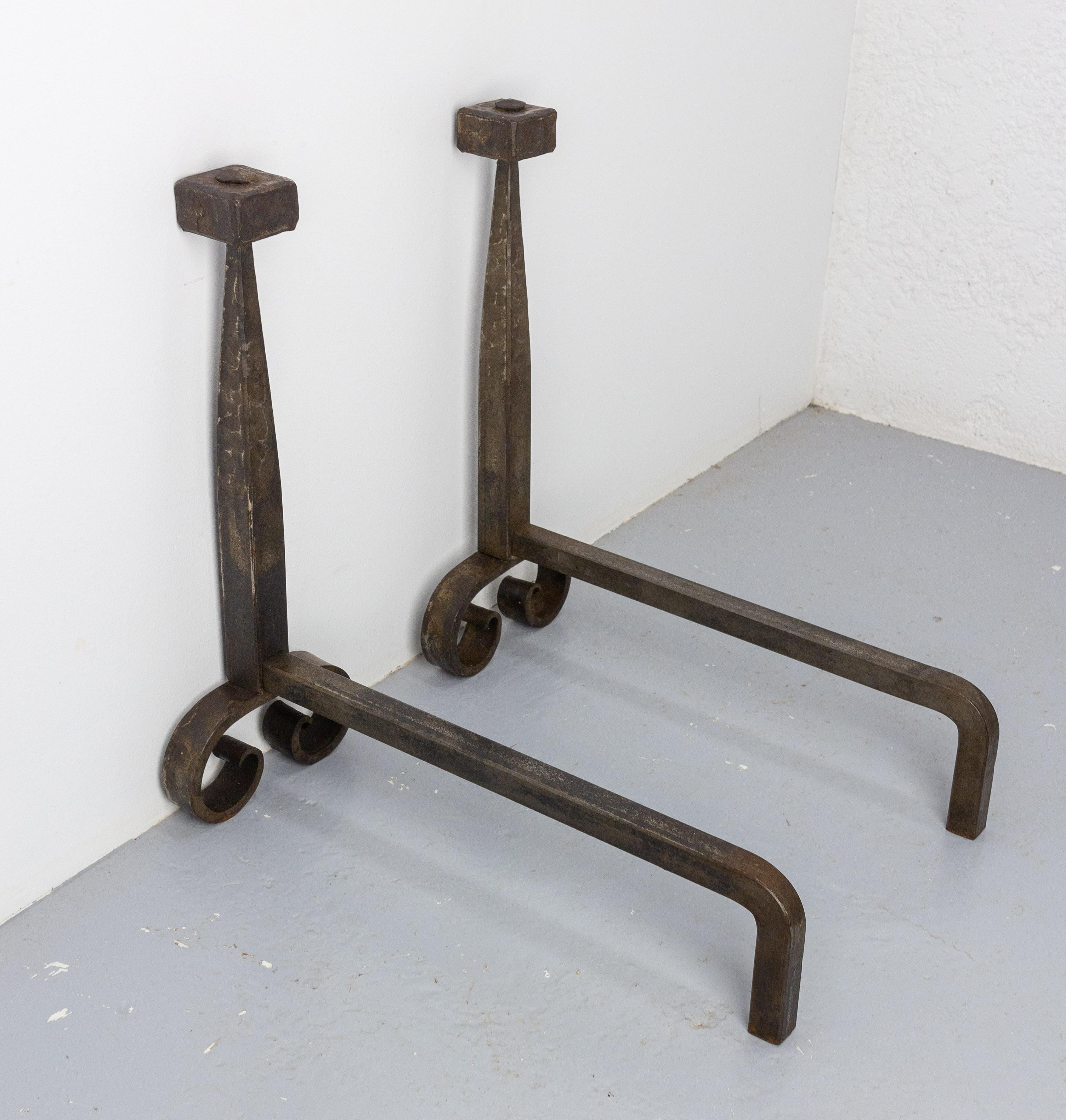 Mid-Century Modern Pair of Fireplace Andirons Wrought Iron Firedogs, France, circa 1960 For Sale