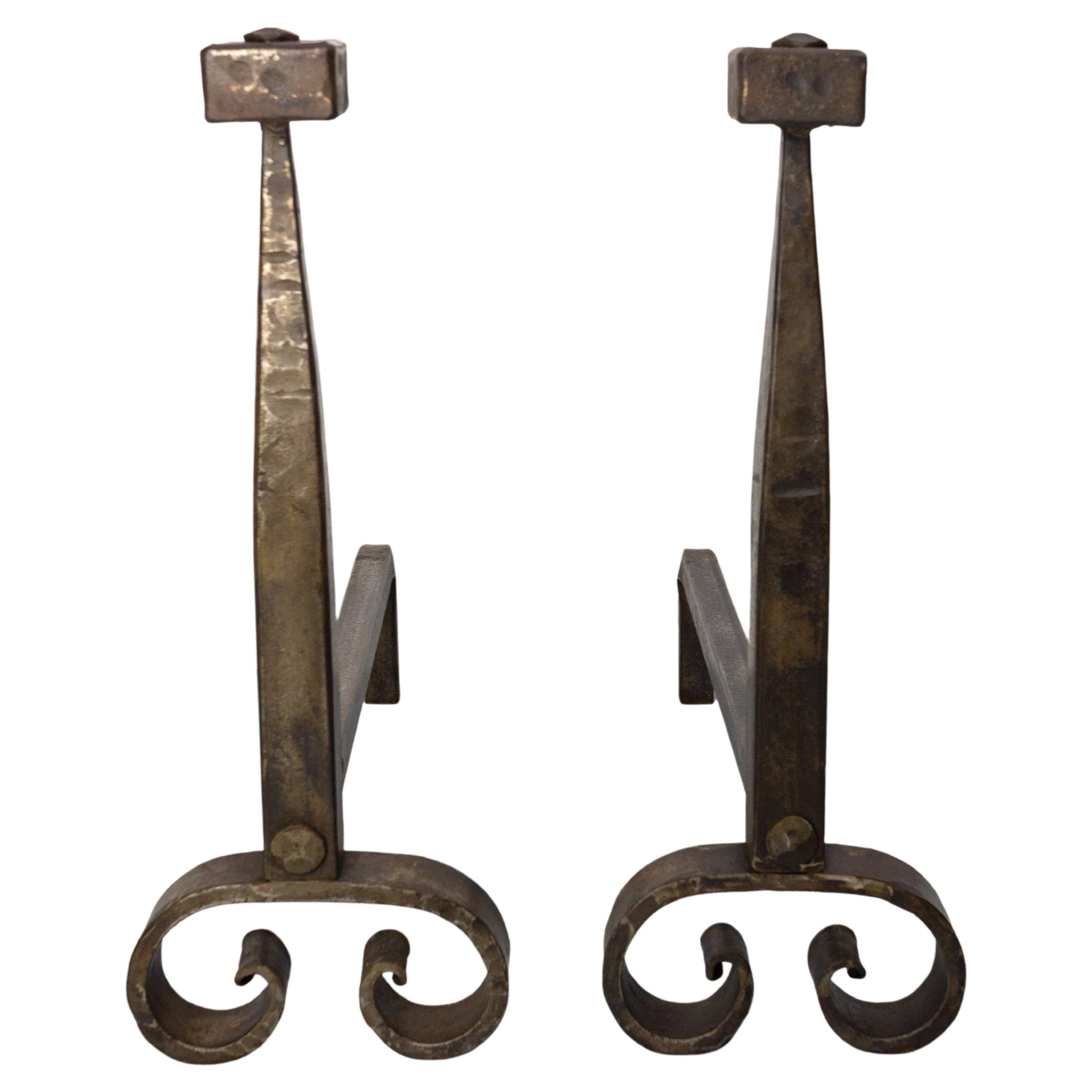 Pair of Fireplace Andirons Wrought Iron Firedogs, France, circa 1960 For Sale