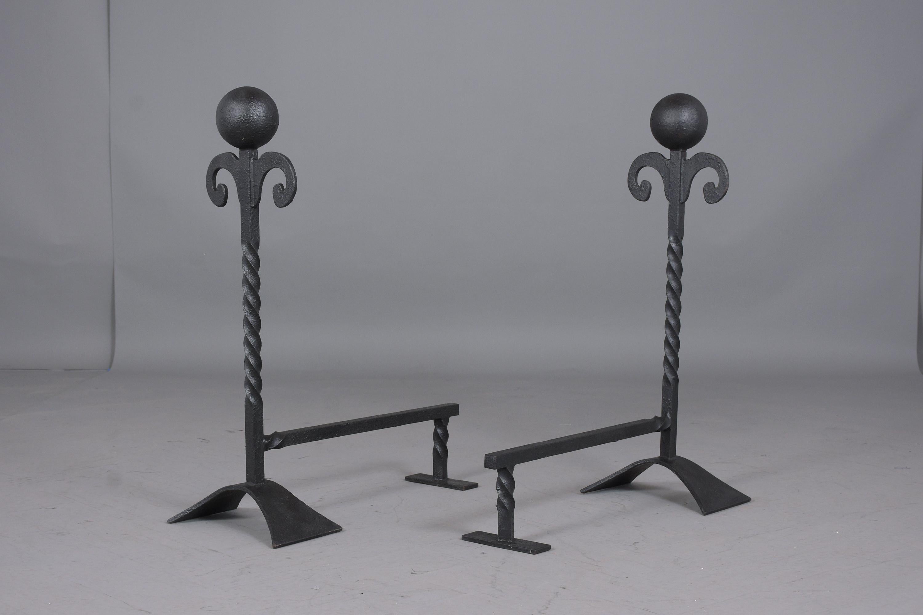 Spanish Colonial Pair of Iron Fireplace Chenets