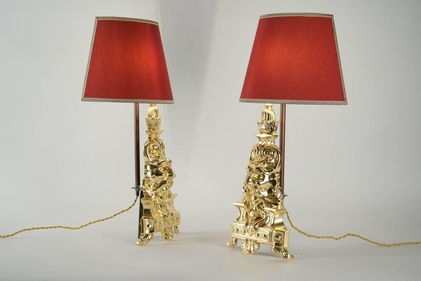 Pair of Fireplace Dogs in Gold Gilt Bronze 19th Century Turned into Lamps 2