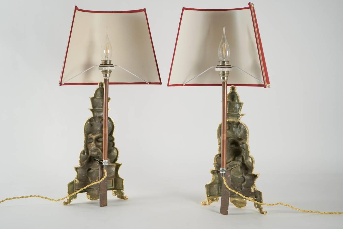 Pair of Fireplace Dogs in Gold Gilt Bronze 19th Century Turned into Lamps 3