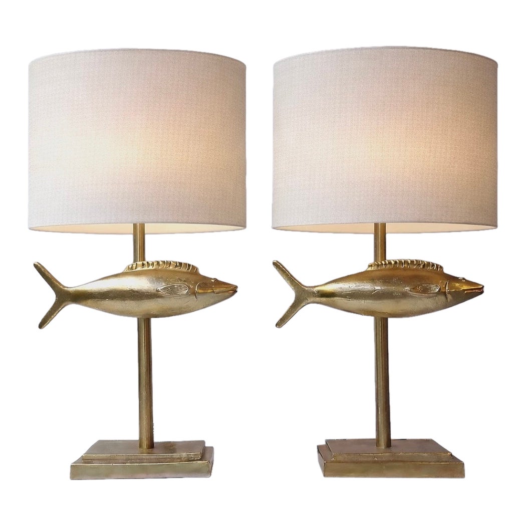 Pair of Fish Lamps Gilt Metal. France, 1990s