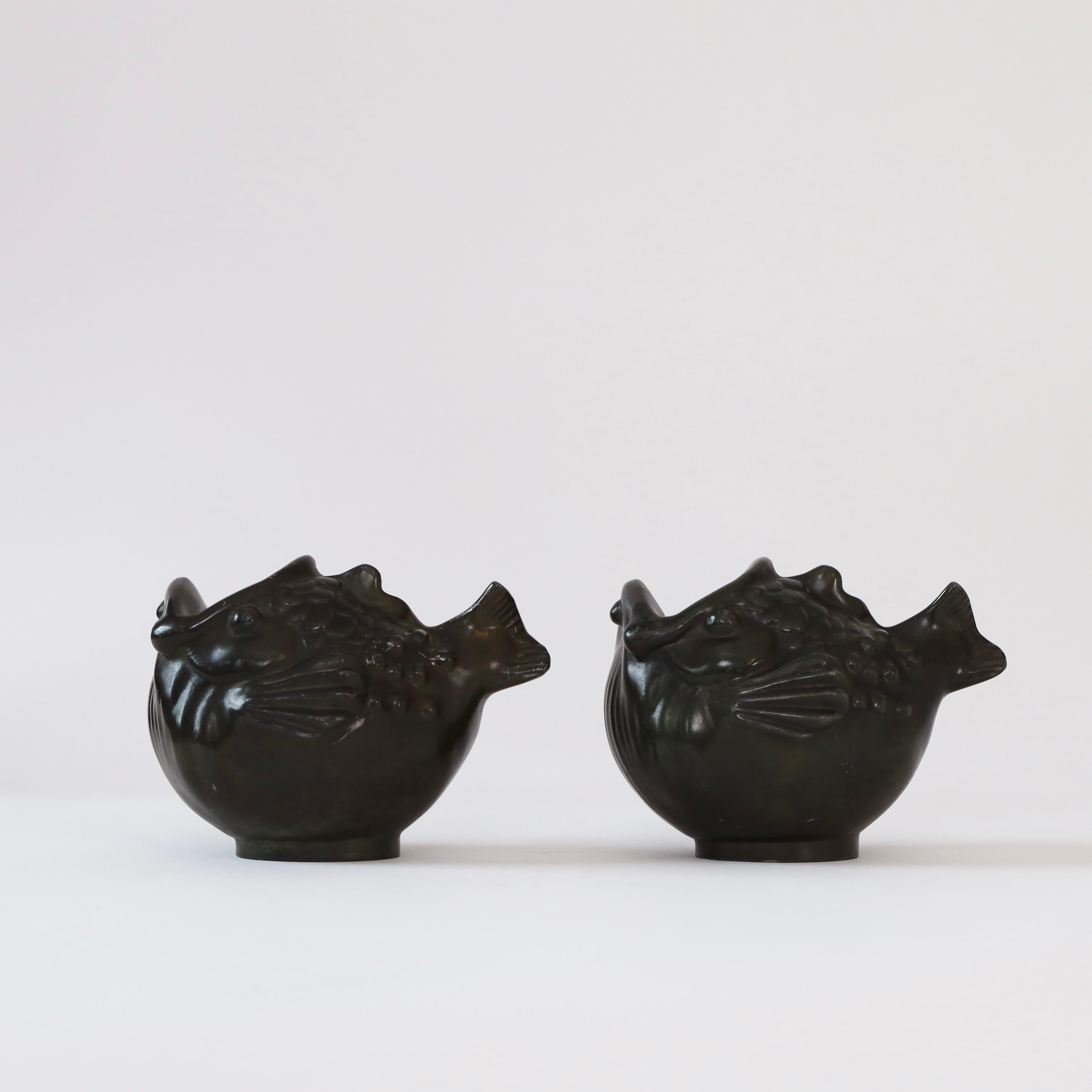 Mid-20th Century Pair of Fish-shaped Art Deco Vases by Just Andersen, 1930s, Denmark For Sale