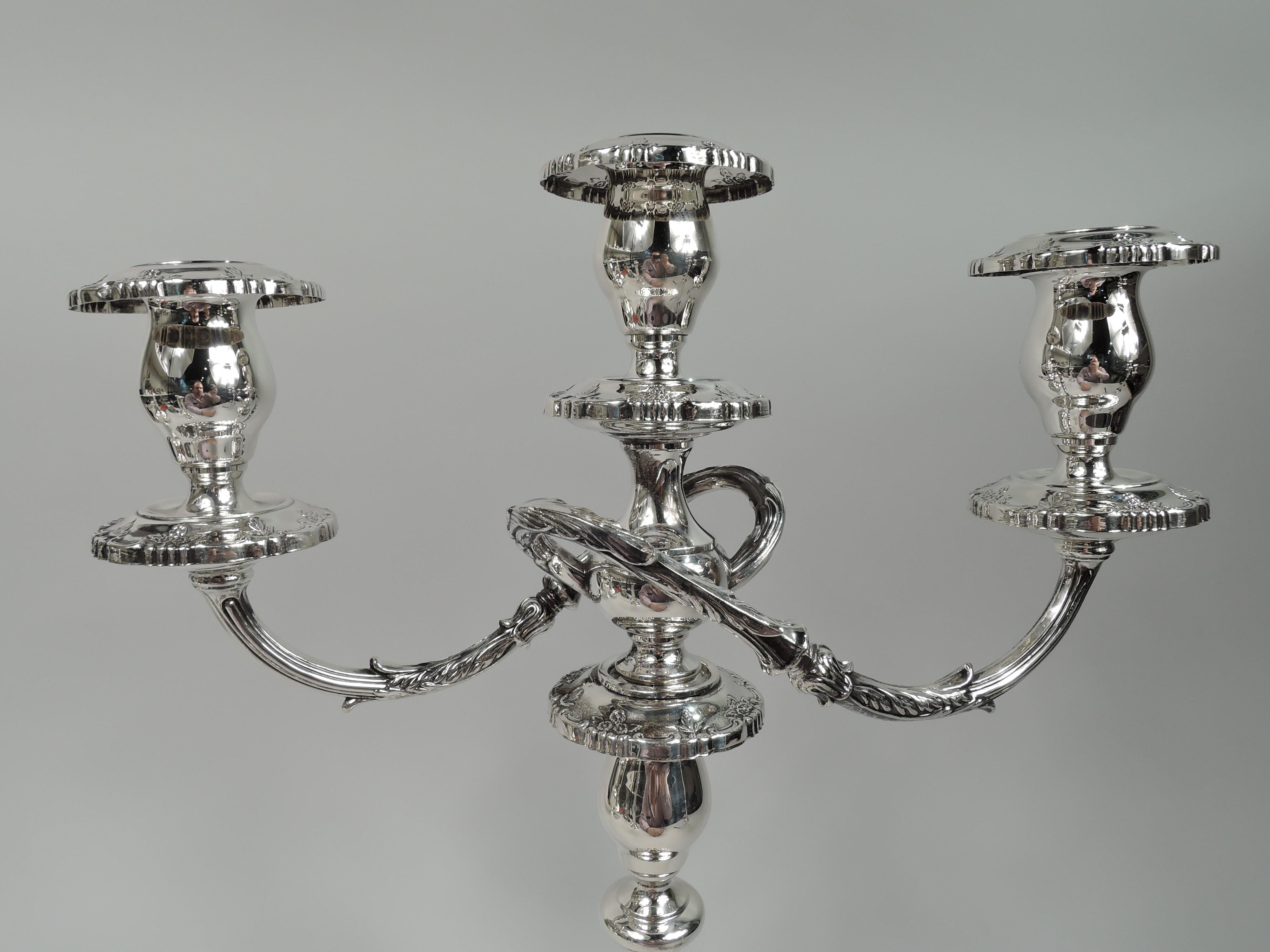 American Pair of Fisher English Rose Sterling Silver 3-Light Candelabra
