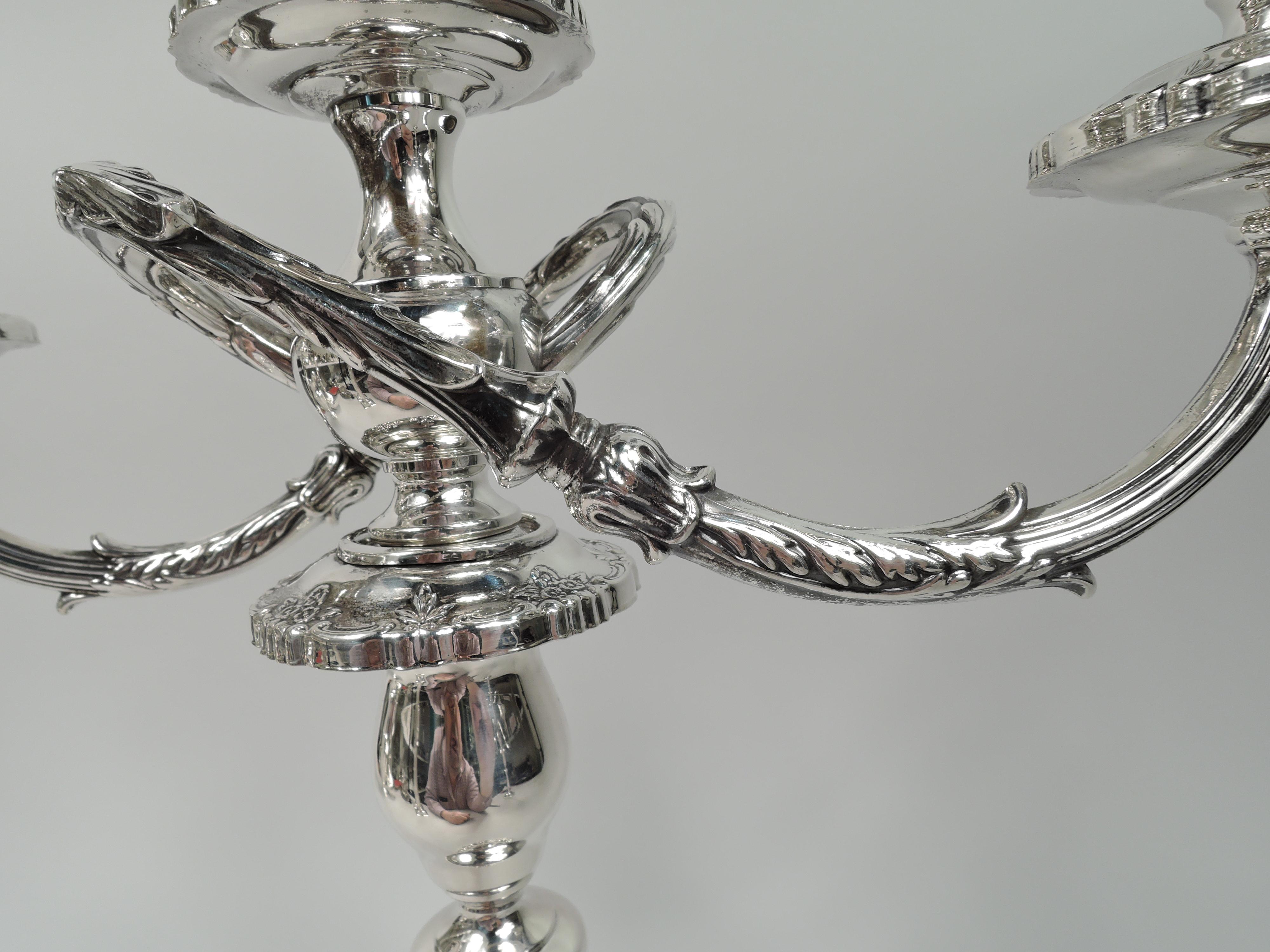 20th Century Pair of Fisher English Rose Sterling Silver 3-Light Candelabra