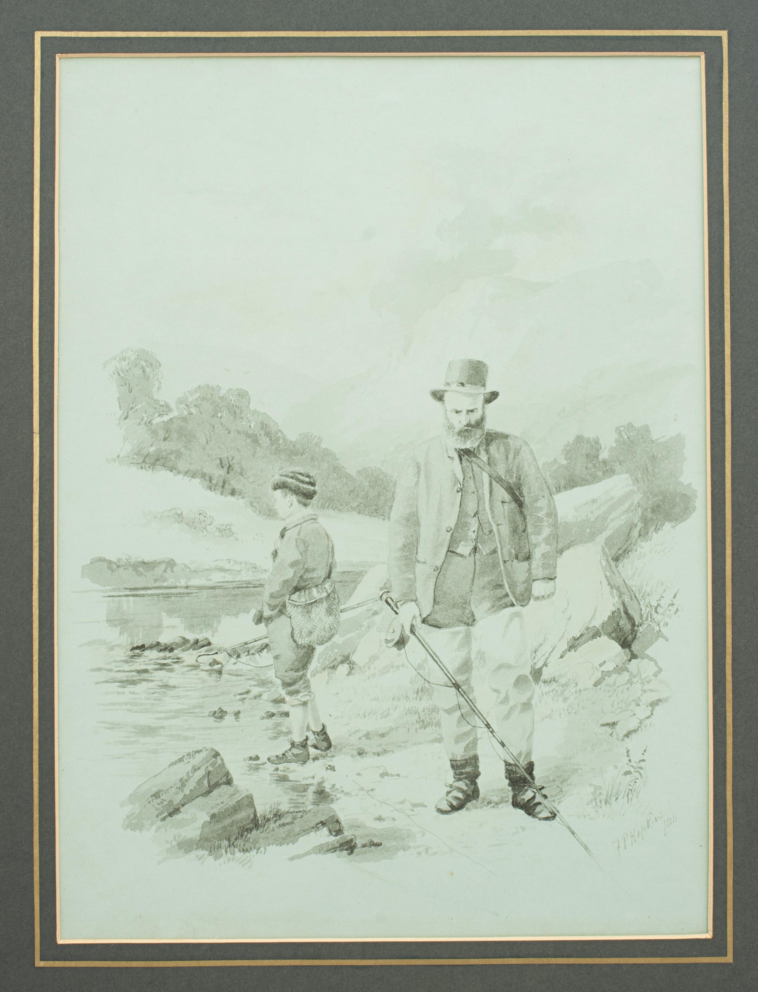 Late 19th Century Pair of Fishing Watercolours, Got Him & Lost Him by F.p. Hopkins 'Shortspoon' For Sale