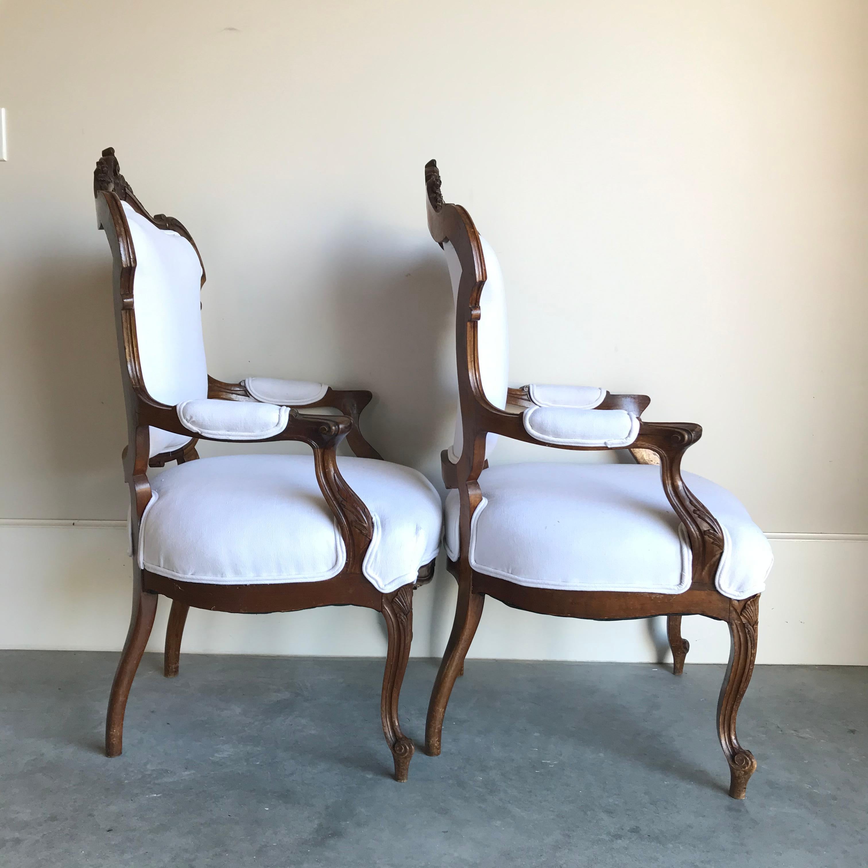 19th Century Pair of Fit for Royalty French Louis XV Carved Walnut Fauteuil Armchairs