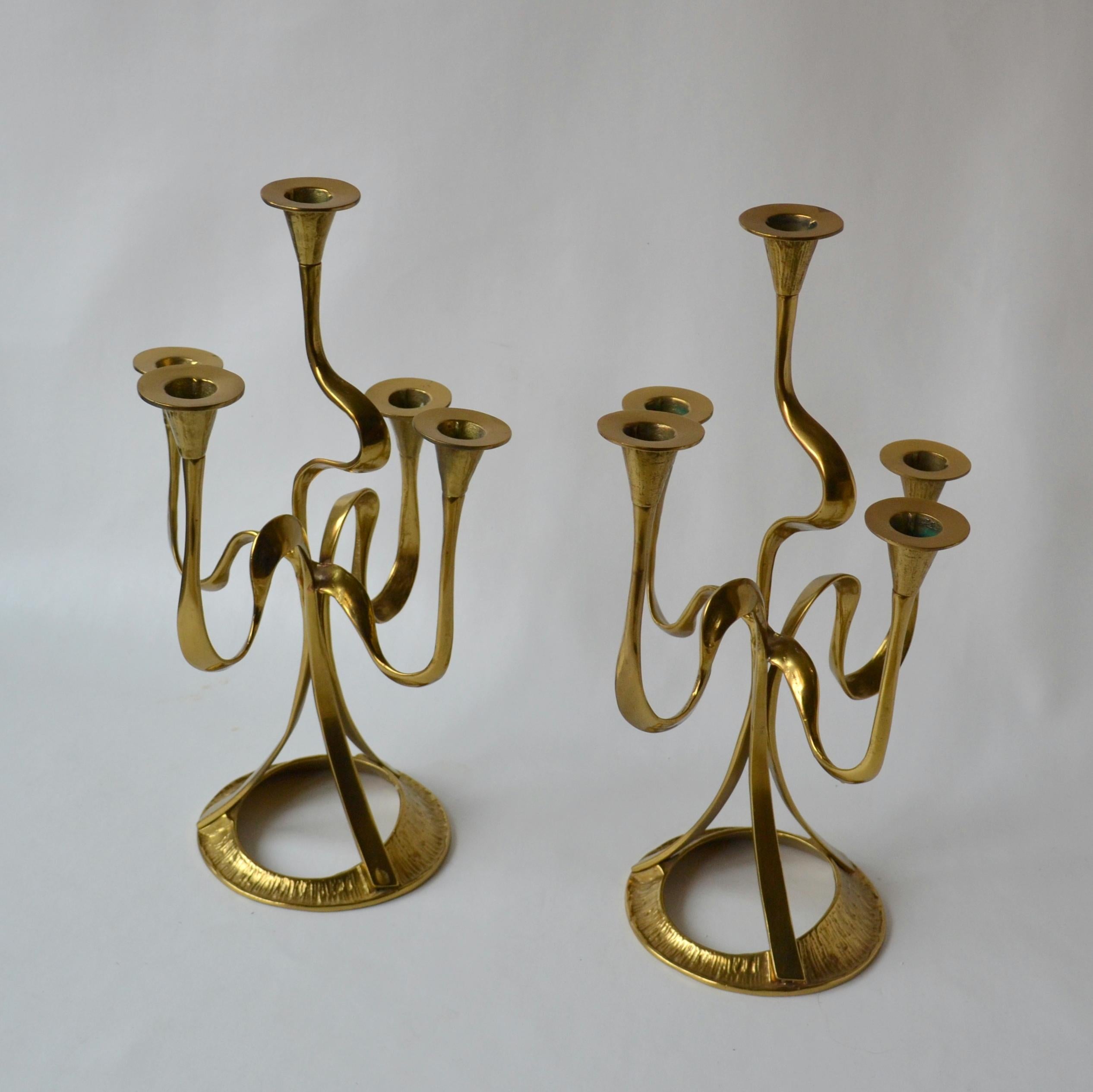 Art Nouveau Pair of Five-Arm Brass Candlestick or Candelabras 