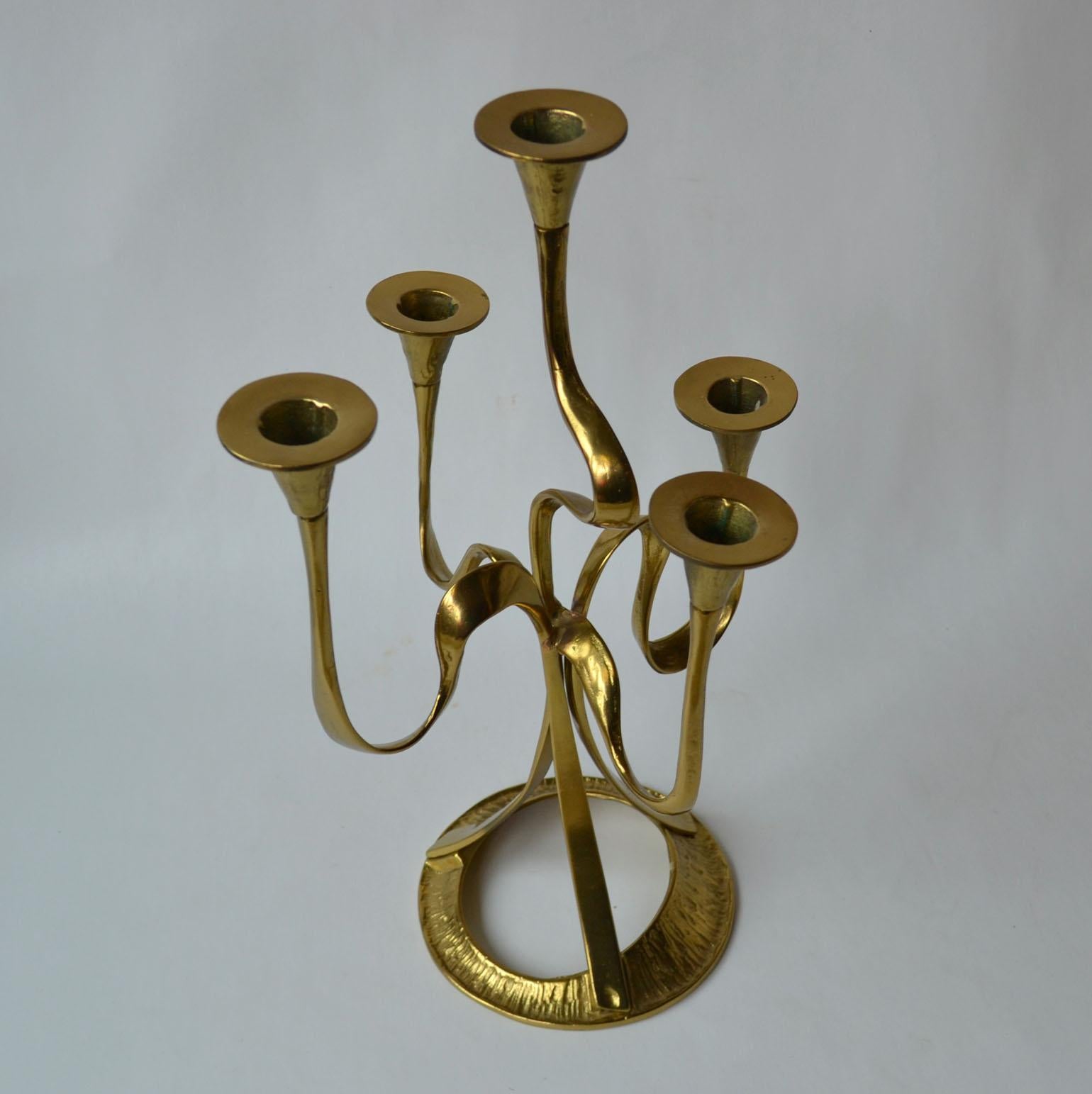 European Pair of Five-Arm Brass Candlestick or Candelabras 