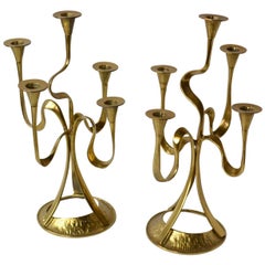Pair of Five-Arm Brass Candlestick or Candelabras 
